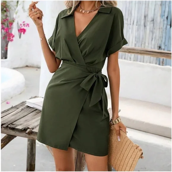 C Solid Surplice Batwing Sleeve Side Tie Dress - Picture 2 of 8